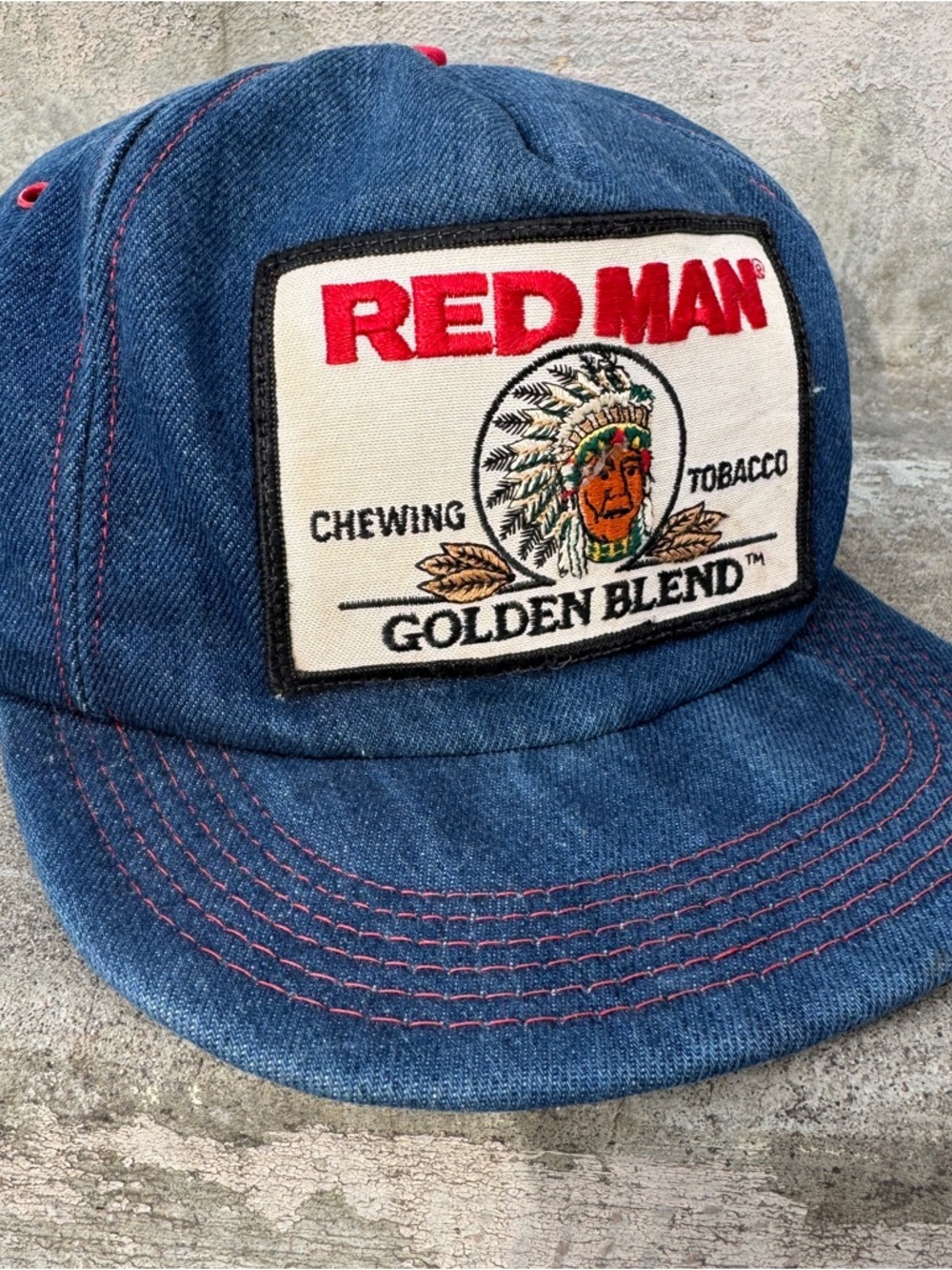 Vintage Red Man Tobacco Trucker Style Hat Full Denim Golden Blend Patch Snapback